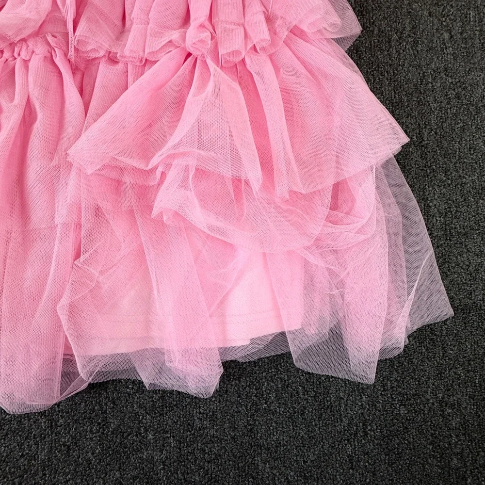 Lulus Pink Tulle Mini Dress Ruched V-Neck Tiered Ruffle Party Dress Womens Med - Picture 10 of 12